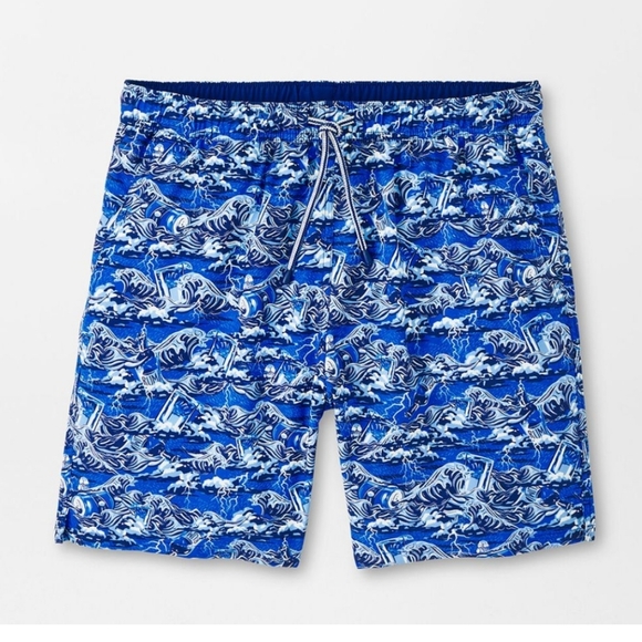 NWT Peter Millar Crown Men's Dark & Stormy Swim Trunks Shorts S Blue Waves